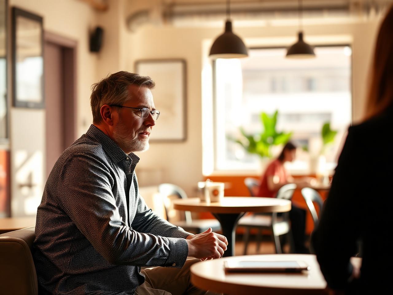 Conversa profissional num café luminoso